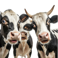 Three surprised cows with expressive faces on a transparent background, captured in a lighthearted moment, Cows with Shock Expression, Funny on transparent background png