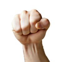 Clenched fist held up against a clean transparent background creating an expression of determination and strength, Front View of Clenched Fist on transparent background png