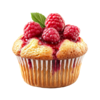 Delicious raspberry muffin topped with fresh raspberries on a clean transparent background in bright light, delicious raspberry muffin on transparent background png