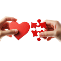 Hands carefully matching red puzzle pieces in the shape of a heart, symbolizing love and connection, Hands matching two parts of puzzle heart, isolated on transparent png