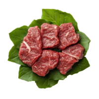 Fresh beef slices arranged beautifully on green leaves against a transparent background, beef on leaves top view isolated on transparent background png