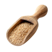 Wooden scoop filled with sesame seeds resting on a transparent background with spilled seeds nearby, sesame in wood scoop on transparent background png
