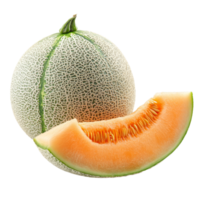 Fresh cantaloupe and a slice placed on a crisp transparent background, highlighting its natural sweetness and color, Fresh melon isolated on transparent background png