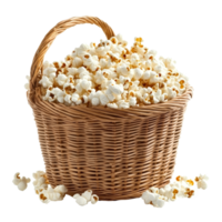 A whole basket of freshly popped popcorn isolated against a clean transparent background, Popcorn in basket isolated on transparent background png