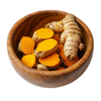 Turmeric root and dried turmeric pieces in a wooden bowl on a transparent background for culinary and health use, turmeric root and dry tumeric in wood bowl on transparent background png