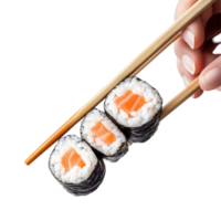 A hand skillfully uses chopsticks to pick up a fresh salmon maki roll sushi in a casual dining setting, Hand with chopsticks eating maki roll, sushi with rice and salmon, isolated on transparent png
