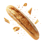 Fresh baguette floating with crumbs isolated on a transparent background for culinary presentations and food art, Fresh Baguette with Crumbs Floating isolated on transparent background png