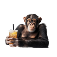 A relaxing chimpanzee enjoys a cold drink in a sunny setting on a warm summer day, Summer Vibe Relaxing Chimpanzee with a Cold Drink On transparent background png