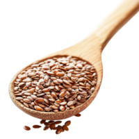 Flax seeds in a wooden spoon on a clean transparent background showcasing a healthy food option for various diets, Flax seed in wood spoon on transparent background png