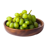 Fresh green grapes displayed in a wooden bowl on a transparent background for healthy snacking and culinary use, Green grape in wood plate isolated on transparent background png