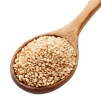 Sesame seeds piled in a wooden spoon against a clean transparent background for culinary use and healthy recipes, Sesame in wood spoon isolated on transparent background png