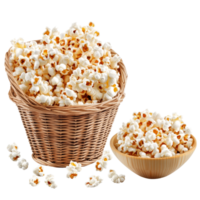 A delightful assortment of fresh popcorn in a woven basket and a wooden bowl isolated on a clean transparent background, popcorn in basket and bowl isolated on transparent background png