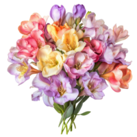 Beautiful bouquet of colorful freesia flowers arranged on a pristine transparent background, Bouquet of freesia flowers, isolated on transparent background png