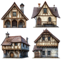 Medieval tavern houses showcasing unique architectural styles on a transparent background, Medieval Tavern Houses Isolated on transparent background png