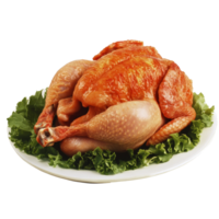 Whole raw chicken displayed on a transparent plate with fresh green lettuce ready for cooking in a kitchen setting, Isolated whole raw chicken png