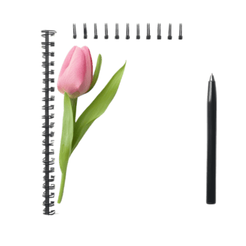 un' primavera bloc notes con un' rosa tulipano e nero penna su un' trasparente sfondo, ideale per Appunti e creatività, primavera bloc notes davanti Visualizza, file di isolato oggetto su trasparente sfondo png