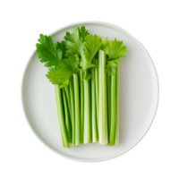 Fresh green celery arranged neatly on a transparent plate against a clean transparent background, celery in transparent plate on transparent background png