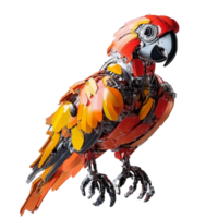 A vibrant robotic parrot designed with metallic elements and colorful feathers on a seamless transparent background, Robotic Parrot on Transparent Background, Advanced Biorobotics Design png
