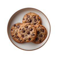 Delicious chocolate chip cookies arranged on a plate with chocolate chips scattered, perfect for any dessert lover, Chocolate chip cookie in a plate isolated on transparent background png