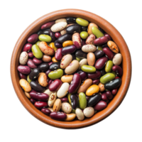 A colorful assortment of beans in a wooden bowl isolated on a transparent background, beans in a bowl isolated on transparent background png