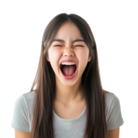 A joyful Asian girl shouting with a big smile against a bright background during a sunny afternoon, Happy beautiful Asian girl shouting and smiling isolated on transparent background png