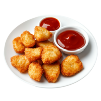 Delicious crispy chicken nuggets served with rich dipping sauce on a transparent plate for a satisfying meal, Tasty chicken nuggets with sauce on a plate on a transparent background png