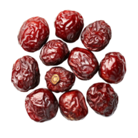 Dried red dates arranged on a transparent background showcasing their rich color and texture in natural light, Dried red date or Chinese jujube on transparent background png