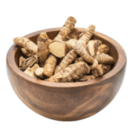 Finger root Krachai Thai herb displayed in a wooden bowl for culinary and medicinal uses, finger root Krachai Thai herb in wood bowl isolated on transparent background png