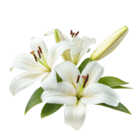 Delicate transparent lilies bloom gracefully, surrounded by lush green leaves, creating a serene display, lilies flower isolated on transparent background png