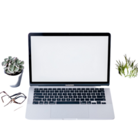 A sleek laptop on a transparent background with empty screen and potted plants beside it, ideal for workspace inspiration, laptop with empty space on transparent background png