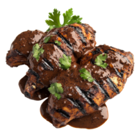 Delicious grilled chicken topped with rich mole poblano served on a transparent plate, grilled chicken with mole poblano isolated on transparent background png