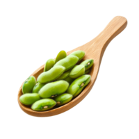 Fresh green soybeans in a wooden spoon isolated on a transparent background for culinary and health purposes, green soybeans in wood spoon isokated on transparent background png