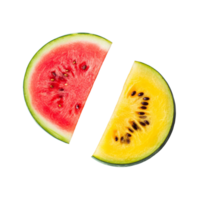 Freshly sliced red and yellow watermelon halves on a transparent background ready for summer refreshment, red and yellow water melon on transparent background png