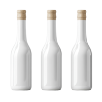 Three transparent bottles arranged neatly against a clean transparent background showcasing simplicity and elegance, transparent bottles isolated on transparent background png