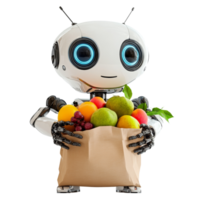 Grocery shopping robot carrying a bag full of fresh fruits in a bright, clean setting, Grocery Shopping Robot with Bag of Fruits On transparent background png
