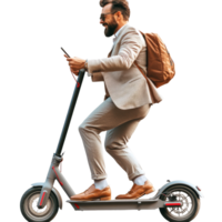Businessman commuting in a suit on a scooter while using a smartphone in an urban setting, file no background Businessman riding a scooter and using his smartphone png