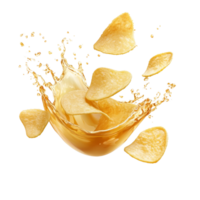 Splashing potato chips in a cascade of flavor over a crisp, clean background, Splashing potato chips isolated png