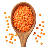 Red lentils in a wooden spoon with scattered lentils on a transparent background highlighting their vibrant color and texture, red lentils in wood spoon on transparent background png