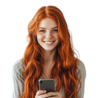 Smiling redhead woman holding a smartphone against a transparent background in a casual setting, Smiling Redhead with Phone on transparent background png