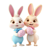 Cartoon Easter bunnies holding colorful eggs on a bright transparent background for spring festivities, 3D Cartoon Easter Bunnies with Eggs on transparent background png