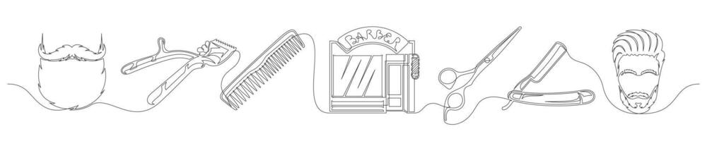 Barber shop continuous one line set vector