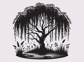 High-Quality Black Silhouette of a Willow Tree Over a Pond for Decorative Uses vector