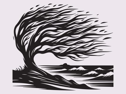 Modern Black Silhouette of a Windblown Coastal Tree for Stylish and Elegant Prints