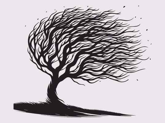 Minimalist Black Windblown Coastal Tree Silhouette for Unique Design Projects