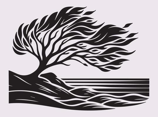 Detailed Black Windblown Coastal Tree Silhouette for Artistic and Decorative Uses