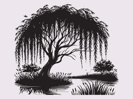 Unique Black Silhouette of a Willow Tree Over a Pond for Stickers and Craft Projects vector