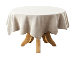 White tablecloth spread out over a round wooden table, isolated on a transparent background png