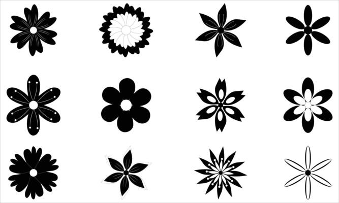 black and white flowers icon set on white background