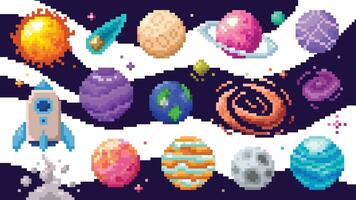 Colorful pixel art space scene with planets, stars, and rocket. 8bit colorful set vector