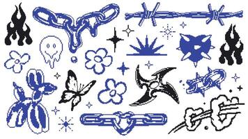 Abstract pixel art symbols and shapes on gray background. y2k elements for trendy designs vector